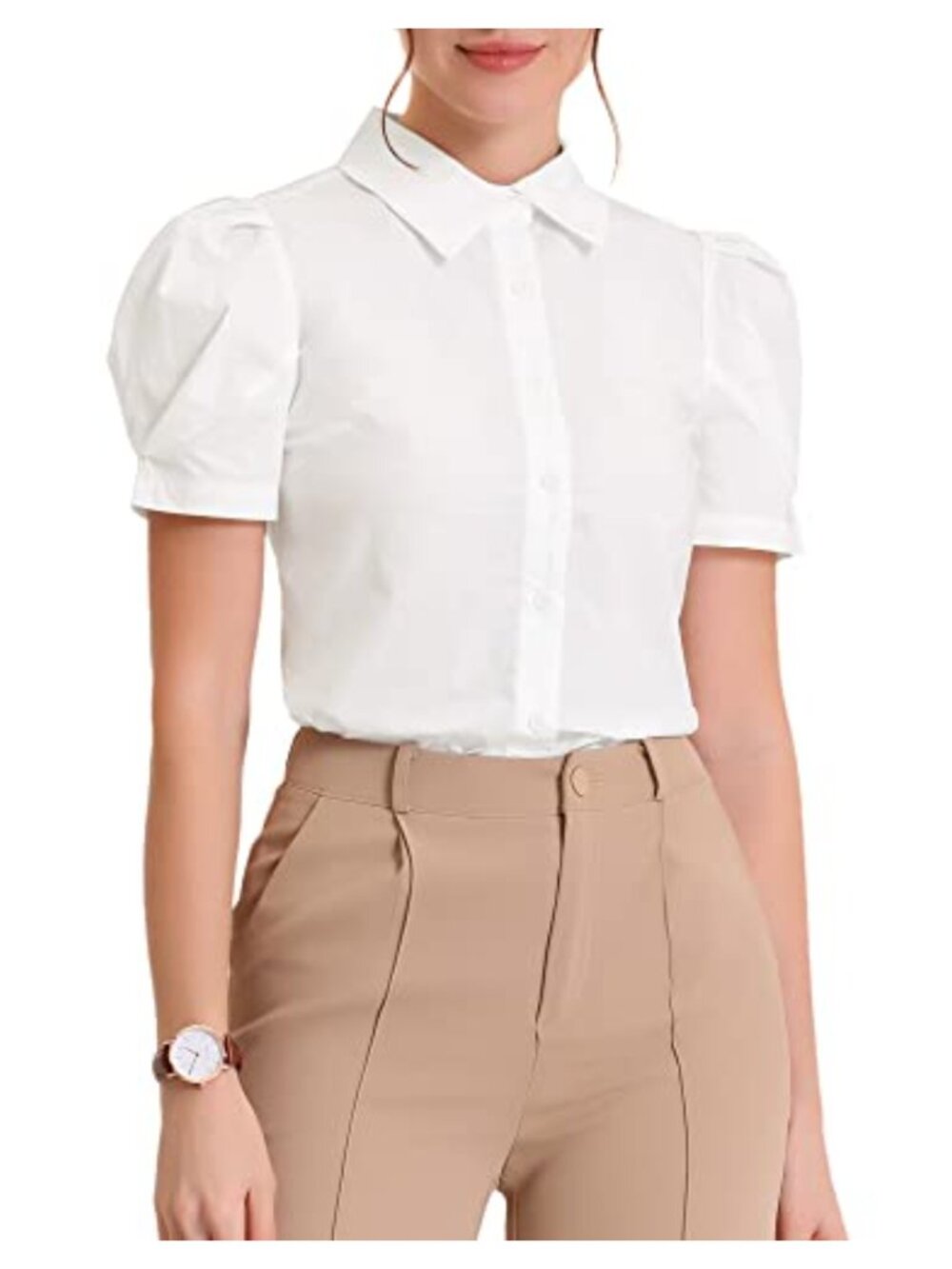 Puff Short Sleeve Button Down Blouse Cotton Work Top